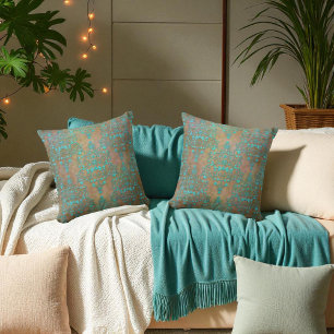 Cojín Decorativo Diseño de damasco vintage en aqua teal sobre marró
