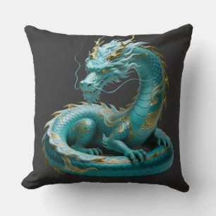 Cojín Decorativo Diseño de fantasía artística del dragón verde dora