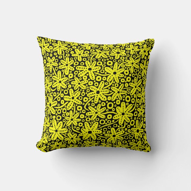 Cojín Decorativo Diseño de flores - Amarillo sobre negro (Anverso)