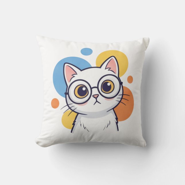 Cojín Decorativo Diseño de Gafas de Gato Blanco Nerd Inteligente (Anverso)