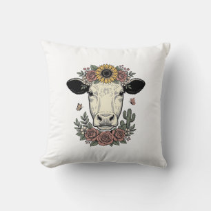 Cojín Decorativo diseño de grabado vintage de cabeza de vaca floral