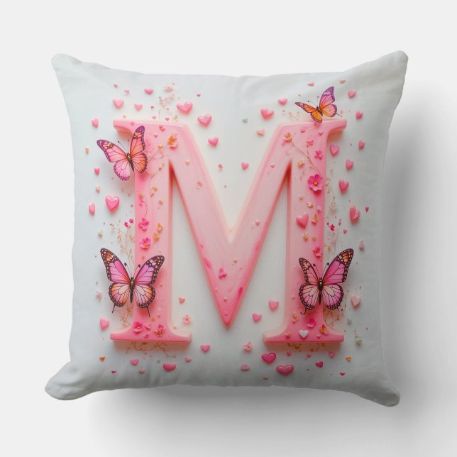 Cojín Decorativo Diseño De Letra Rosa M Con Mariposas (Anverso)