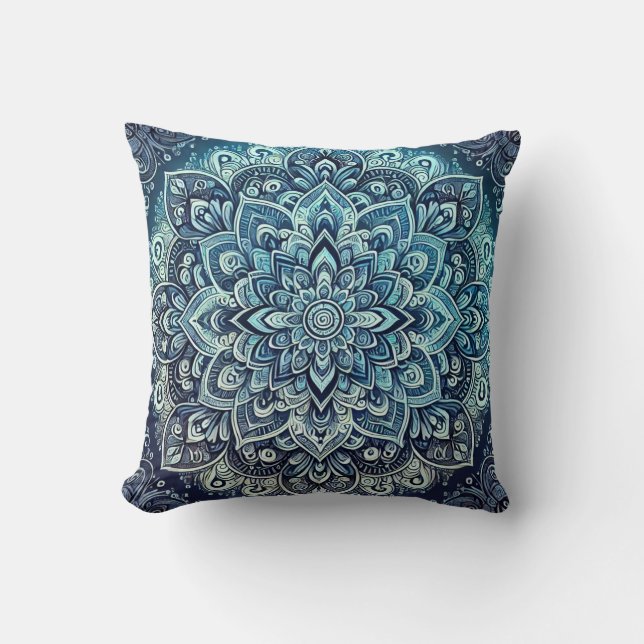 Cojín Decorativo Diseño de Mandala con Gradiente Azul (Anverso)