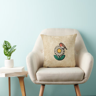 Cojín Decorativo Diseño de margarita y pájaro