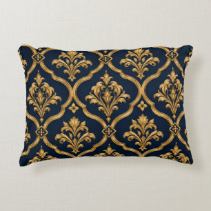 Cojín Decorativo Diseño de Motivo Vintage de Damasco Dorado y Azul