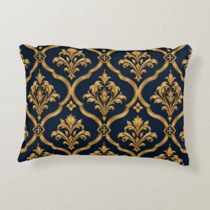 Cojín Decorativo Diseño de Motivo Vintage de Damasco Dorado y Azul