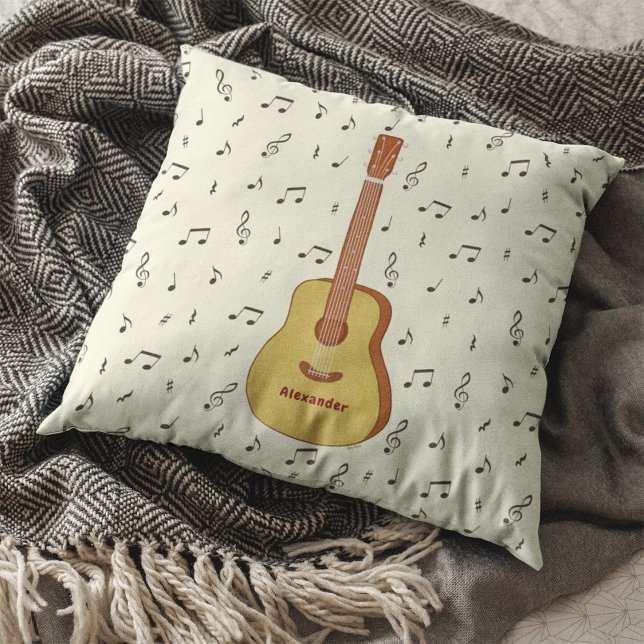 Cojín Decorativo Diseño de notas de música guitariana melódica (Guitar With Music Notes Personalized Throw Pillow)