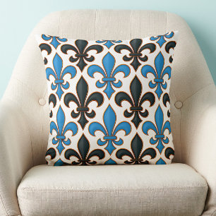 Cojín Decorativo Diseño de patrón barroco azul negro flor de lis