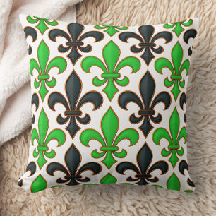 Cojín Decorativo Diseño de patrón barroco flor de lis negro verde