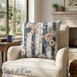 Cojín Decorativo Diseño de patrón de franja floral navy de acuarela