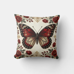 Cojín Decorativo Diseño de patrón vintage de rosa mariposa roja ele