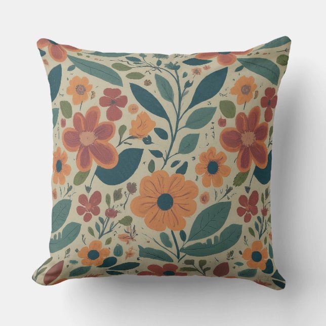 Cojín Decorativo Diseño de patrones retro verde azulados de naranja (Anverso)