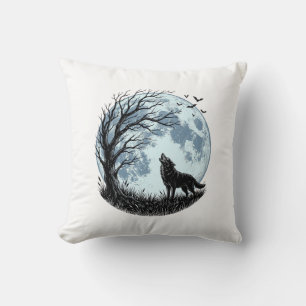 Cojín Decorativo Diseño de silueta de árbol de luna aullando lobo v