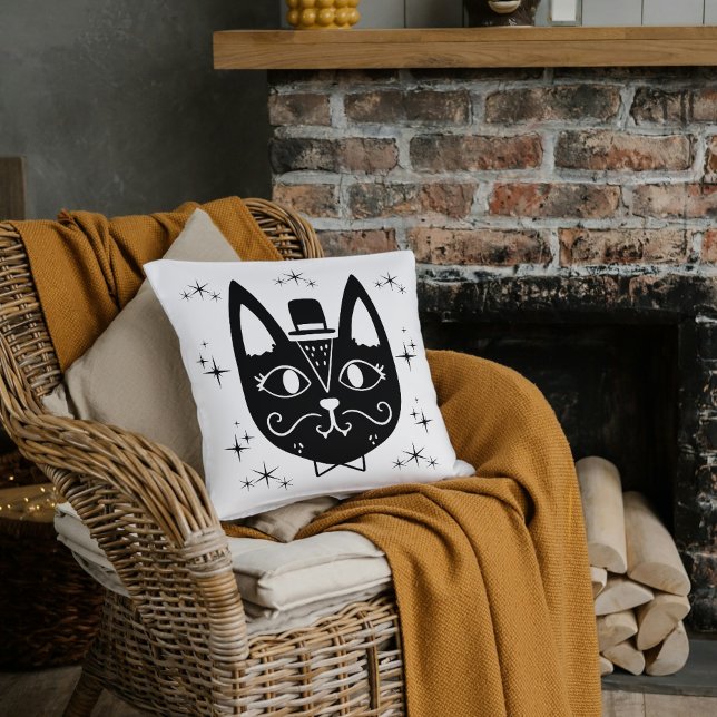 Cojín Decorativo Diseño de sombrero superior monocromo para gato vi (Vintage Cat Monochrome Top Hat Design Throw Pillow)