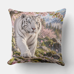 Cojín Decorativo Diseño de Tigre Blanco Flor de Cerezo