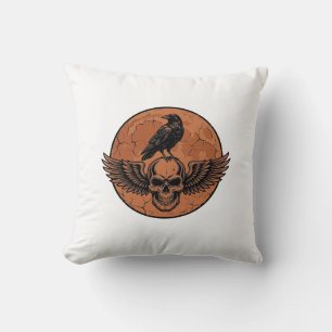 Cojín Decorativo Diseño de Vector de Cráneo Alado de Cuervo Vintage