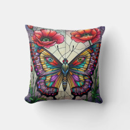 Cojín Decorativo Diseño de vidrio emplomado de mariposa flor de ama