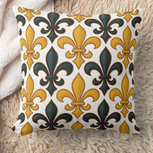 Cojín Decorativo Diseño del patrón Fleur-de-lis amarillo negro barr