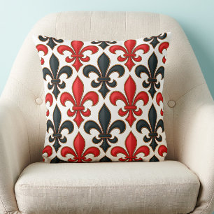 Cojín Decorativo Diseño del patrón rojo negro barroco Fleur-de-lis