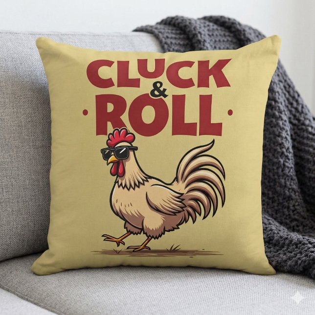 Cojín Decorativo Diseño divertido de Personalizados de Guay "Cluck  (Funny Cluck & Roll Cool Rooster Cartoon Design Throw Pillow  Mockup A)