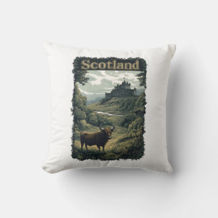 Cojín Decorativo Diseño escocés: Vaca Highland, castillo y paisaje