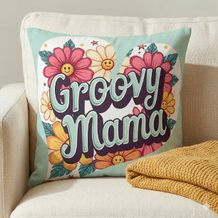 Cojín Decorativo Diseño estético retro floral de los 70 Groovy Mama