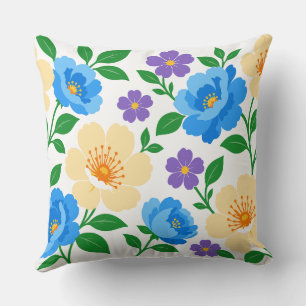 Cojín Decorativo Diseño floral con flores azules, crema y púrpura