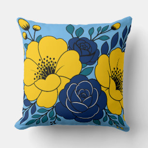 Cojín Decorativo Diseño Floral Elegante Amarillo y Azul Marino