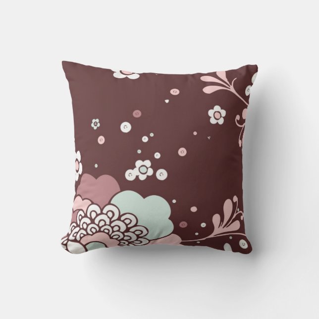 Cojín Decorativo Diseño Floral Retro Marrón, Azul Y Rosa (Anverso)
