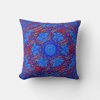 Cojín Decorativo Diseño fractal abstracto de damascos azules y rojo