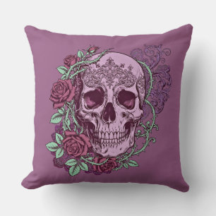 Cojín Decorativo Diseño goth de cráneo de lavanda con rosas