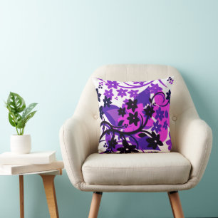 Cojín Decorativo Diseño gráfico botánico floral retro púrpura