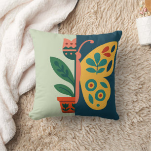 Cojín Decorativo Diseño gráfico dividido floral y mariposa colorido
