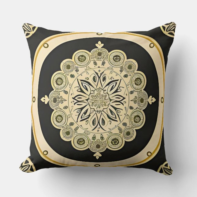 Cojín Decorativo Diseño Intrincado de Mandala Dorado (Anverso)
