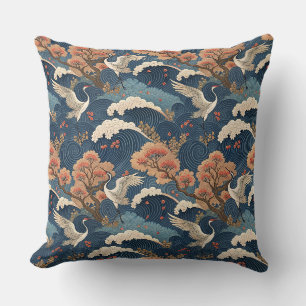 Cojín Decorativo Diseño Japonés Grulla y Flor de Cerezo Chinoiserie