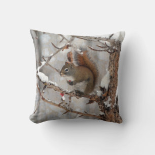 Cojín Decorativo Diseño navideño de ardilla de invierno, nieve y ba