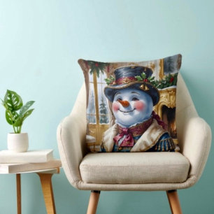 Cojín Decorativo Diseño navideño de muñeco de nieve victoriano