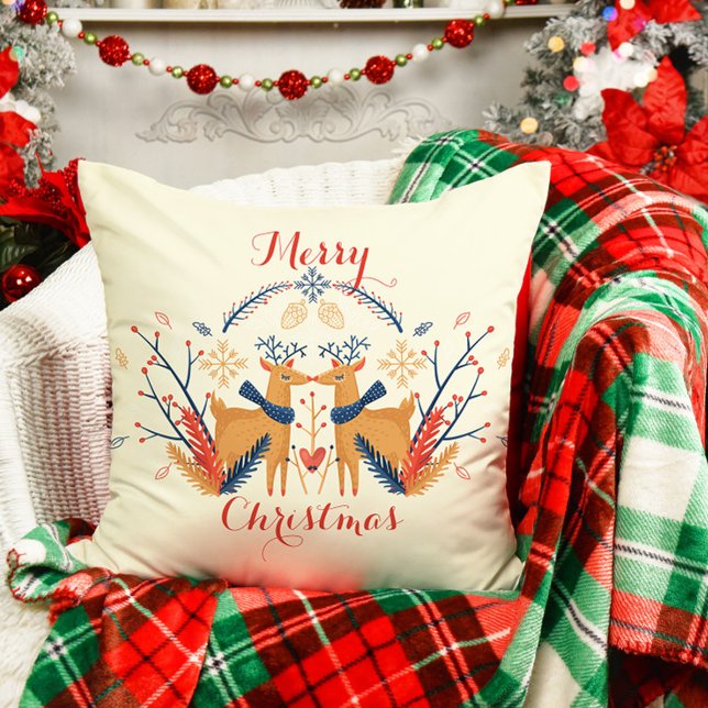 Cojín Decorativo Diseño navideño nórdico de Cerezos de Cerezo Escan (Scandinavian Folk Woodland Deer Throw Pillow - Cream)