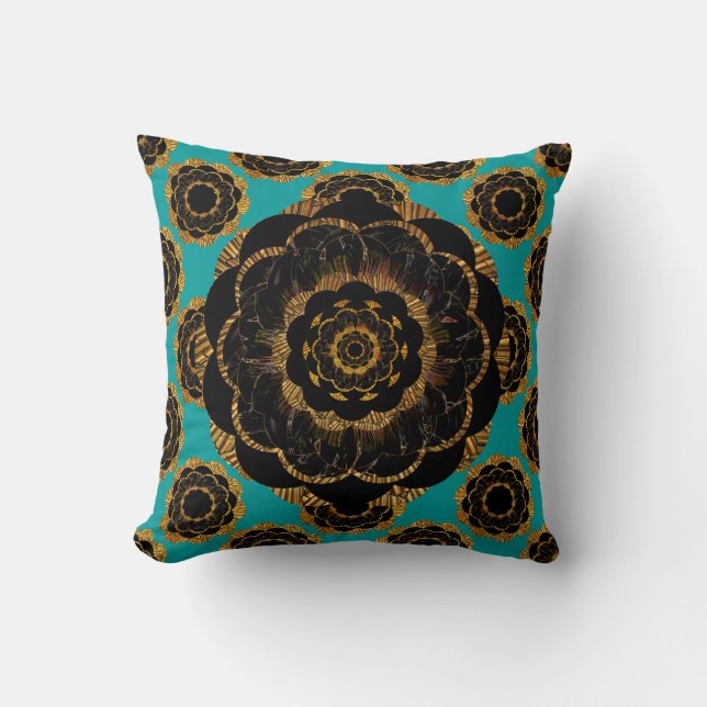 Cojín Decorativo Diseño negro de la mandala del oro amarillo - (Anverso)