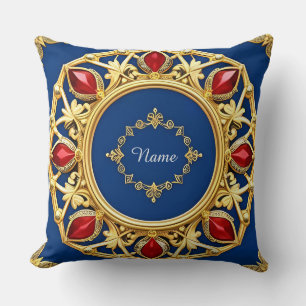Cojín Decorativo Diseño Ornamental Dorado Con Piedras Preciosas Roj