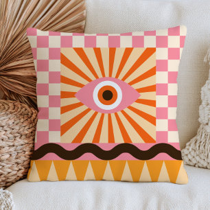 Cojín Decorativo Diseño Retro Abstracto Ojo Malvado Funky Rosa y Na
