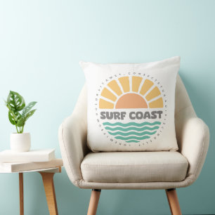 Cojín Decorativo Diseño Retro de Puesta de Sol de la Costa de Surf