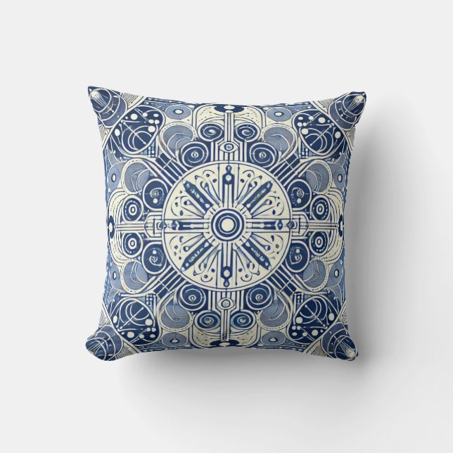 Cojín Decorativo Diseño simétrico índigo y blanco (Anverso)