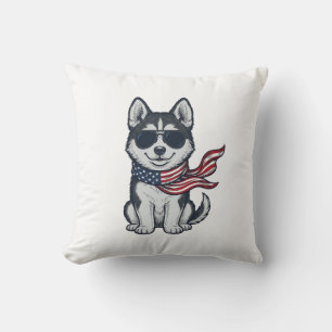 Cojín Decorativo Diseño vectorial de cachorro husky patriótico vint