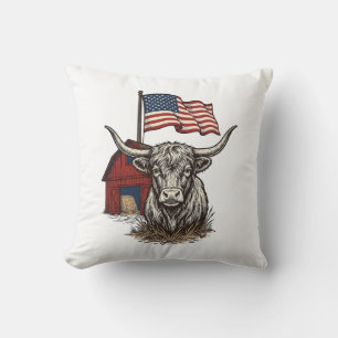 Cojín Decorativo Diseño vectorial de vaca Longhorn patriótica y gra