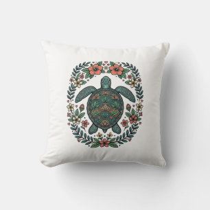 Cojín Decorativo Diseño vectorial floral de tortuga marina vintage_