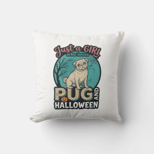 Cojín Decorativo Diseño vectorial vintage de niña pug Halloween_1