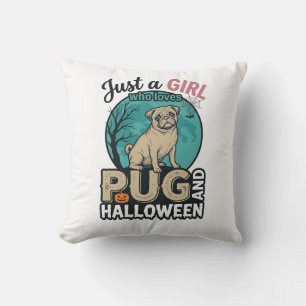 Cojín Decorativo Diseño vectorial vintage de niña pug Halloween (2)