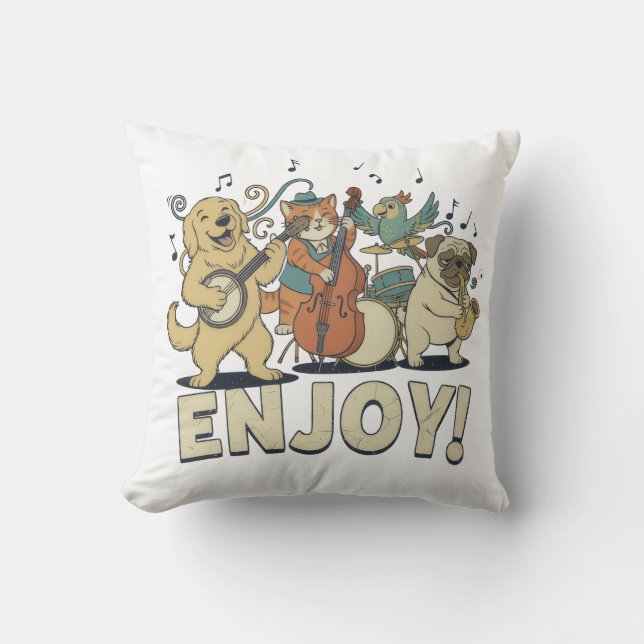 Cojín Decorativo “Disfruta – Mascotas Adorables Tocando Instrumento (Anverso)