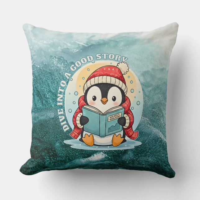 Cojín Decorativo Dive Into A Good Story Reading Penguin Pillow (Anverso)